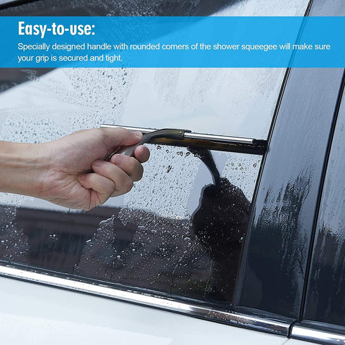 10 Shower Squeegee, Premium Stainless Steel Shower Squeegee for Glass Doors, Bathroom, Window and Car Glass, All-Purpose Bathroom Squeegee for Shower Glass Door with Suction Cup Hook & Rubber Blade