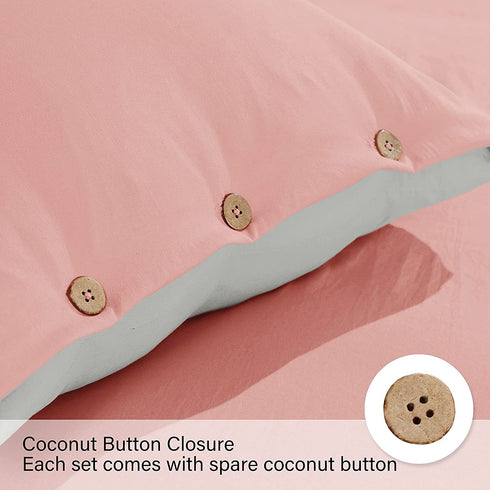 Basic Beyond Duvet Cover Queen Size, Washed Microfiber Coral Pink/Grey Duvet Cover Set with Coconut Button Closure - 3 Pieces (1 Duvet Cover & 2 Pillowcases)