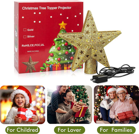 Christmas Tree Topper Star Christmas Tree Topper Lighted with LED Magic 5 Dynamic Patterns Rotating Projector and Switch, 3D Glitter Hollow Gold Xmas Tree Topper for Christmas Tree Decorations