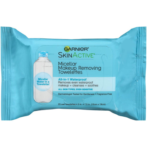 Makeup Remover Face Wipes for Waterproof Makeup by Garnier SkinActive Micellar, Gently Removes Makeup and Cleanses Skin, 25 Count