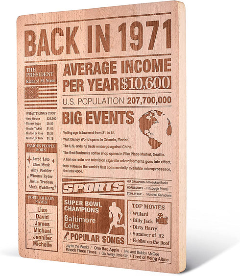 51th Birthday Gift Large Wooden Chopping Board with Laser-Engraved Back in 1971 Newspaper Poster, Party Decorations Supplies