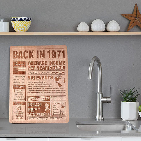 51th Birthday Gift Large Wooden Chopping Board with Laser-Engraved Back in 1971 Newspaper Poster, Party Decorations Supplies