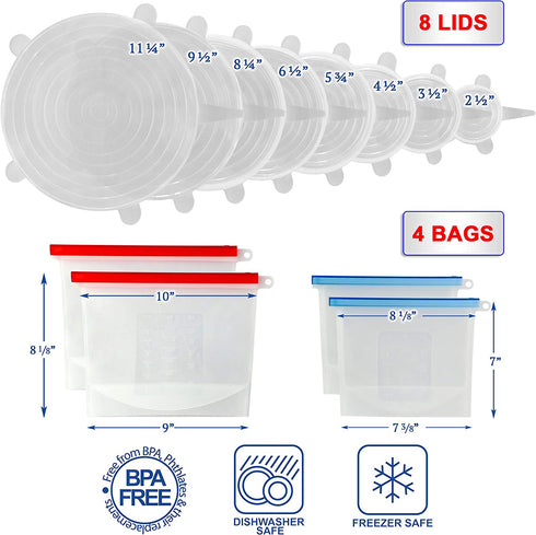 EcoPeaceful 8 Stretch Silicone Food Cover Lids (Largest Sizes XXL-XS ) 4 Silicone Zip Lock Bags (2 Small, 2 Large)