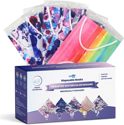 WeCare Disposable Face Mask Individually Wrapped - 50 Pack, Watercolor Print Masks - 3 Ply