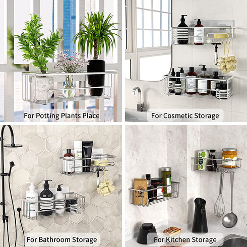 Cvtayn 2 Packs Shower Caddy with Soap Dish & Hooks, SUS304 Stainless Steel Bathroom Storage Shelves, No Drilling Shower Wall Shelves with 4 Stronger Adhesive for College Bathroom Kitchen Living Room