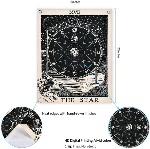 Pack of 3 Tarot Tapestries with Rustproof Grommets, Seamless Nails, The Sun Moon Star Tarot Card Tapestries Vertical Tapestry Wall Hanging (16 x 20 inches/piece)