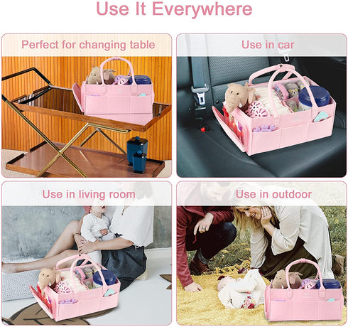 Diaper Caddy Organizer, Baby Basket Nursery Storage Bin with Dustproof Cover for Changing Table, Large Portable Car Organizer for Wipes, Bottle, Diapers, Shower, Newborn Girl & Boy Gifts, Pink