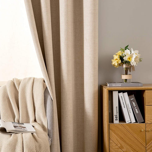 MIULEE Linen Textured Curtains for Bedroom Solid 100% Blackout Thermal Insulated Natural Beige Grommet Room Darkening Curtains & Drapes Luxury Decor for Living Room Nursery 52 x 54 Inch (2 Panels)