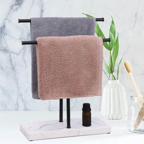 LKKL Hand Towel Holder Stand for Bathroom with Resin Base, Countertop Towel Stand for Fingertip, Washcloth, Dishcloth Holder with Soap Tray for Kitchen Washroom Vanity, Hand Towel Rack Black 12"