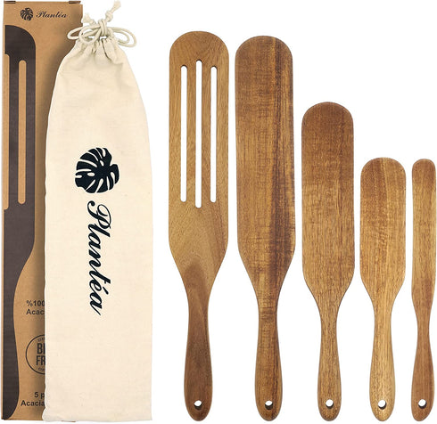 Plantéa Acacia Wooden Spurtle Set, Spurtles Kitchen Tools As Seen On Tv, Premium Wood Spatula Set, Heat Resistant Non Stick Spurtle Wooden Cooking Utensils For Stirring, Mixing, Whisking, Serving.(5)