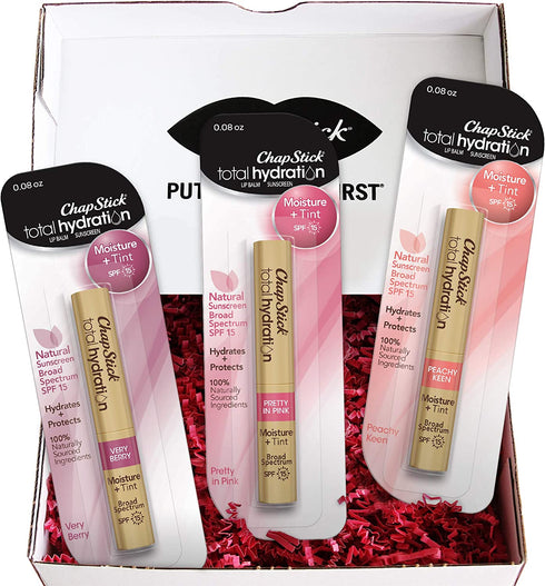 ChapStick Total Hydration Moisture Plus Tint Plus SPF, Tinted Lip Balm Collection With Natural Sunscreen In Very Berry, Pretty in Pink and Peachy Keen, 3 Tubes 0.08 oz