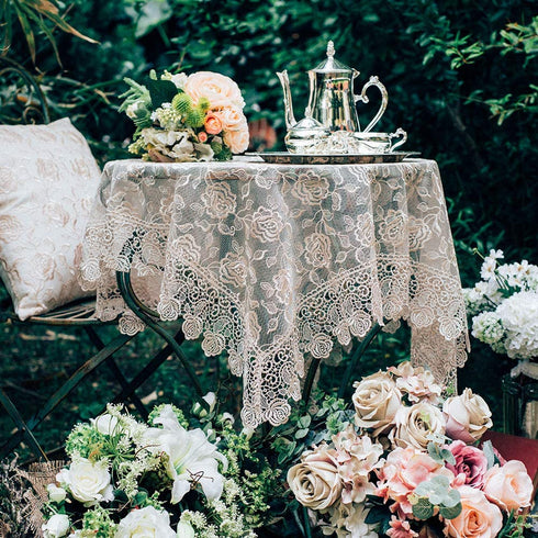 ARTABLE Rectangle Small Table Cloth Lace Macrame Vintage Tablecloth Shabby Chic Embroidered Oblong Table Cover for Wedding Banquet Holiday Long Dinner Tables (Golden, 33" x 33")