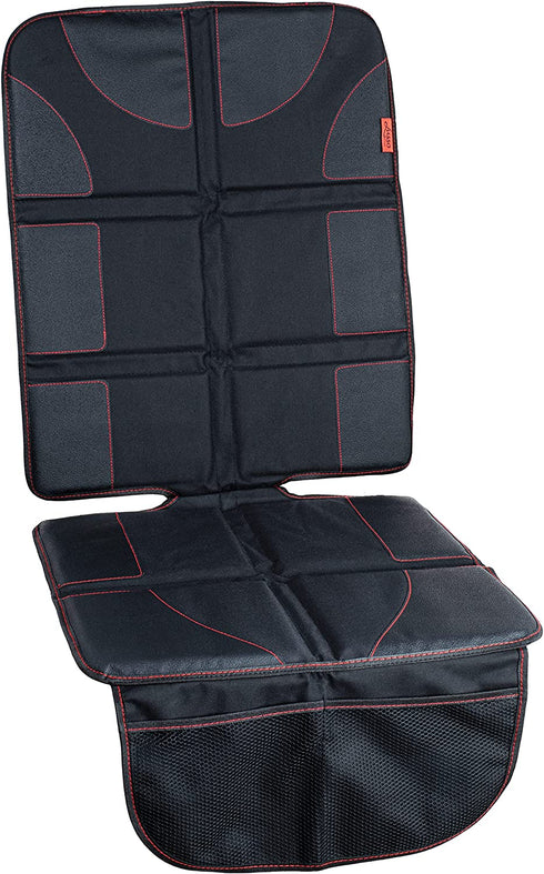 Lusso Gear Car Seat Protector for Baby Car Seat - Thick Padding, 2 Mesh Storage Pockets, Waterproof, Protects Fabric or Leather Seats, Non-Slip Padded Backing (Black with Red Stitching)