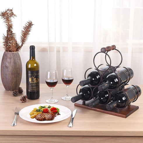 YCOCO 3 Tier Tabletop Wood Wine Holder for 6 Bottles,Freestanding Wine Storage for Kitchen Home Bar Storage and Kitchen Decor,Brown.