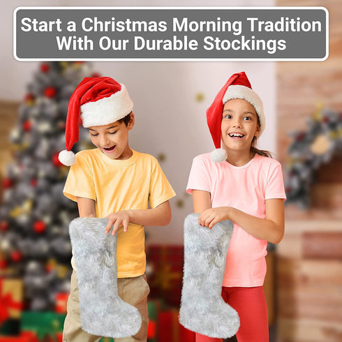Super Fluffy, Long-Lasting Faux Fur Stocking 20in Silver Christmas Stocking for Fireplace Decor, Large Hanging Decorations for Xmas Mantel. Wide Opening for Festive Holiday Party Gifts for Family