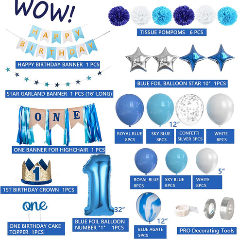 JOYYPOP 1st Birthday Decorations for Boys - Baby 1st Birthday Party Supplies 67PCS with 1st Birthday Baby Crown, ONE Cake Topper, 1st Birthday Highchair Banner Decorations(Blue)