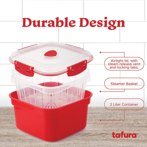 Tafura Microwave Vegetable Steamer. Microwavable Steamer Basket for Veggie / Broccoli / Fish. Steam Container w/ Vented Lid, 2 Liter, BPA Free