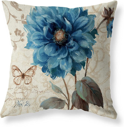 Set of 4 Farmhouse Blue Flower Throw Pillow Covers 18x18 Inch Orchid Butterfly Cotton Linen Floral Cushion Case Outdoor Sofa Throw Pillows Cover for Couch Living Room Bed Indoors Home Decor