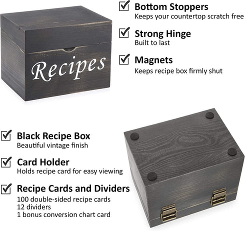 Black Recipe Box with Cards and Dividers - Wood Vintage Recipe Card Box with 100 4x6 Recipe Cards 12 Dividers and Conversion Chart Card - Gift Idea for Recipe Lovers