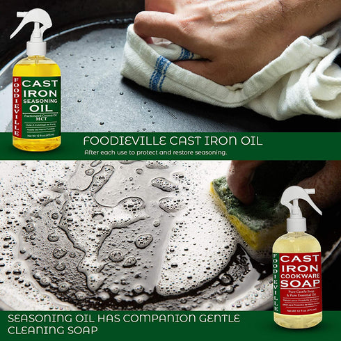 Creation Farm Foodieville Cast Iron Oil Non-stick Conditioner for Seasoning Skillets, Griddles, Flat Top Grills, and more with Oils of Flax, Sesame, and MCT, 12 fl. oz. Sprayer included