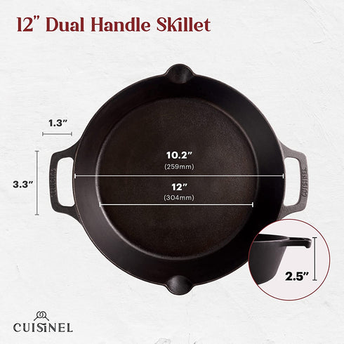 Cast Iron Skillet - 12"-Inch Dual Handle Frying Pan + Silicone Handle Holder Covers + Pan Scraper - Pre-Seasoned Oven, Grill, Fire, BBQ, Stovetop, Induction Safe Kitchen Cookware - Indoor/Outdoor Use