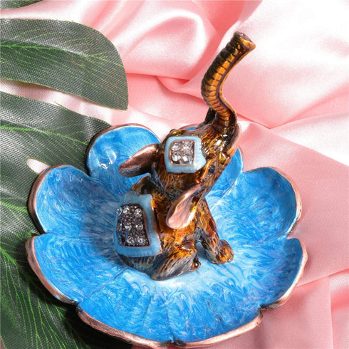 Waltz&F Bronze Raise Nose Elephant Metal Ring Jewelry Holder Trinket Box Table Centerpiece Decor