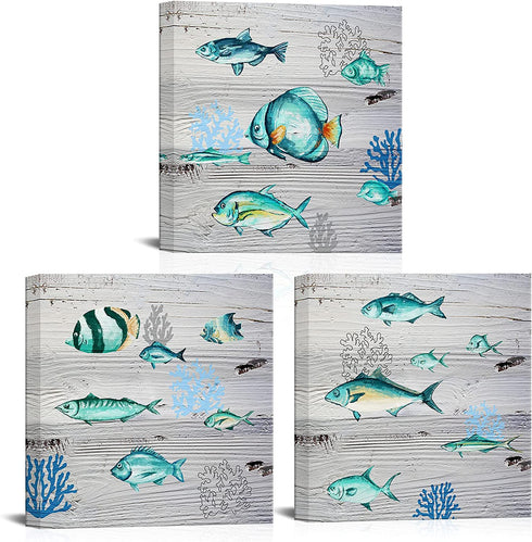 ArtKissMore Ocean Animal Wall Art Bathroom Rustic Wall Decor Sea Fish Animals Painting for Home Bathroom Kitchen Bedroom Marine Theme Modern Farmhouse Wall Decor 12x12inchx3pcs