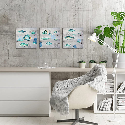 ArtKissMore Ocean Animal Wall Art Bathroom Rustic Wall Decor Sea Fish Animals Painting for Home Bathroom Kitchen Bedroom Marine Theme Modern Farmhouse Wall Decor 12x12inchx3pcs