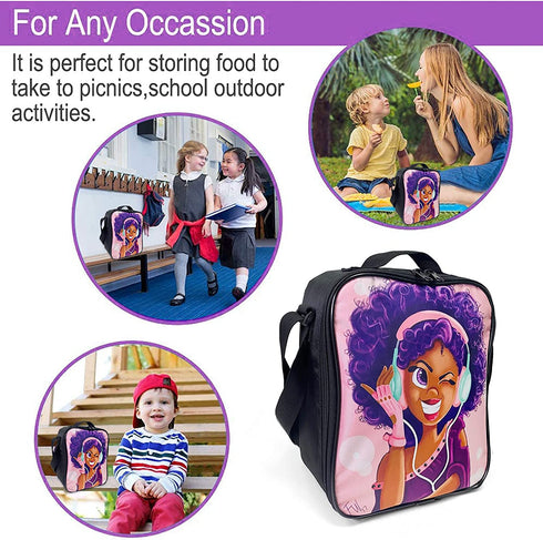 African American Black Girl Lunch Bag Insulated Lunch Box Tote for Kids Girls Toddler Teens Pink Reusable Canvas Lunch bags with Shoulder Strap