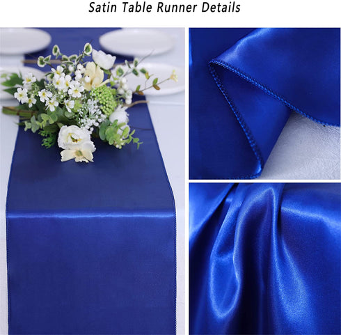 Jeloris 10 Pack Satin Table Runner 12 x 108 Inch Long Bright Silk Smooth Fabric Table Runners for Wedding, Birthday Parties, Banquets Decorations - Royal Blue