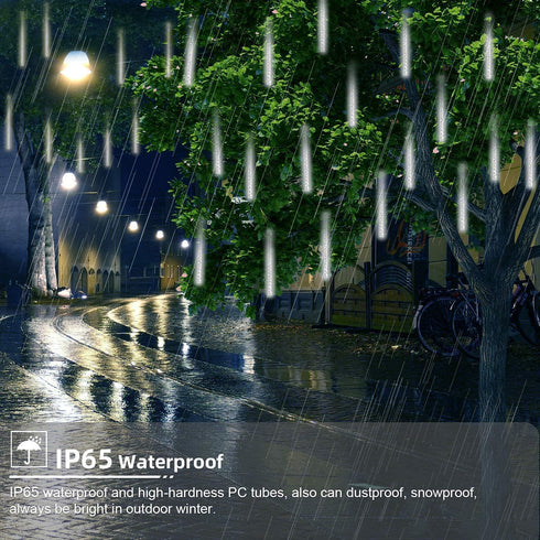 YEGUO Solar Meteor Shower Rain Lights Outdoor, White Meteor Lights 30cm 8 Tubes 144 LED, Falling Raindrop Fairy String Lights for Tree Holiday Porch Yard Patio Roof Party Christmas Decoration