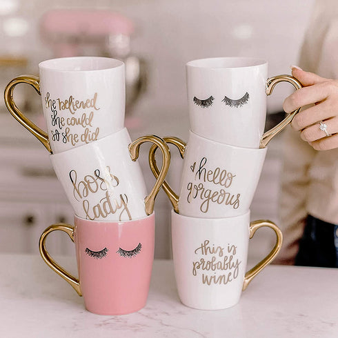Sweet Water Decor Cute Coffee Mugs with Golden Handle | Girly Make Up & Mascara 16oz China Coffee Cup with Eyelashes | Embellished with Real Gold & Microwave Safe (Pink)