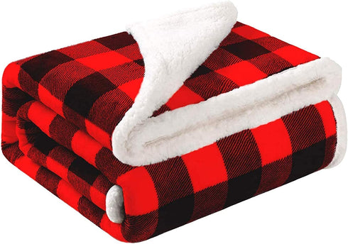 Bobor Buffalo Plaid Throw Blanket for Couch Bed, Sherpa Fleece Red Black Checker Plaid Pattern Decorative Throw Blanket, Super Soft Comfortable Lightweight Fuzzy Blanket