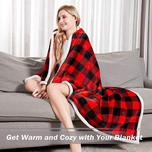 Bobor Buffalo Plaid Throw Blanket for Couch Bed, Sherpa Fleece Red Black Checker Plaid Pattern Decorative Throw Blanket, Super Soft Comfortable Lightweight Fuzzy Blanket