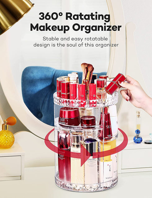 Rotating Cosmetic Storage and Organizer - 360° Spinning Clear Makeup Organizer with Adjustable Trays and Thicker Shelves for Bathroom, Powder room, Bedroom