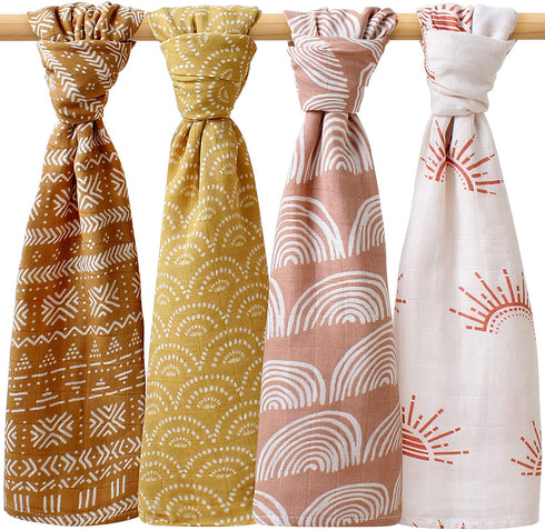 LifeTree 4 Pack Muslin Baby Cloths | Bamboo Cotton Bibs Burp Cloths Towel for Boys & Girls | 23.5" x 23.5" (Rainbows / Sunshine) | Muslin Squares Receiving Blankets