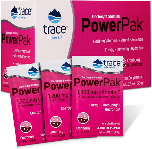 Trace Minerals | Power Pak Electrolyte Powder Packets | 1200 mg Vitamin C, Zinc, Magnesium | Boost Hydration, Immunity, Energy, Muscle Stamina | Cranberry | 30 Packets