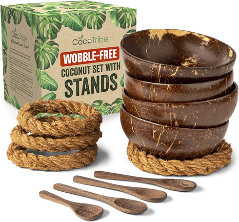 Coconut Bowls with Spoons & Stands - Set of 4 Coconut Shell Bowls + Wooden Spoons & No-Wobble Holders for Serving a Smoothie, Acai Bowl, or Salad - Eco Friendly & Handmade by CocoTribe, Holds 18 Oz