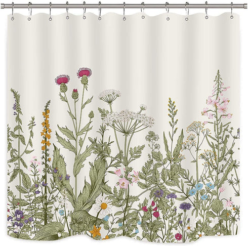 Riyidecor Fabric Wildflower Botanical Shower Curtain for Bathroom Decor 72Wx72H Inch Floral Flower Plant Herbs Green Leaves Decorative Bath Set Bathroom Accessories Polyester Waterproof 12 Pack Hooks