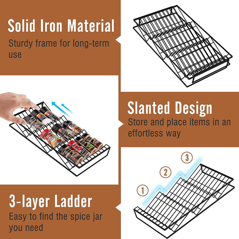 Housolution Spice Drawer Organizer, 2 Pack Expandable Metal Spice Rack Seasoning Organizer for Drawer, 3 Tier Slanted Spice Tray Storage Shelf for Kitchen, Black