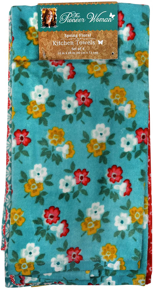 The Pioneer Woman Spring Floral Kitchen Towel Set, 4pk, Print,Red, Teal, Yellow, White, Blue, Green