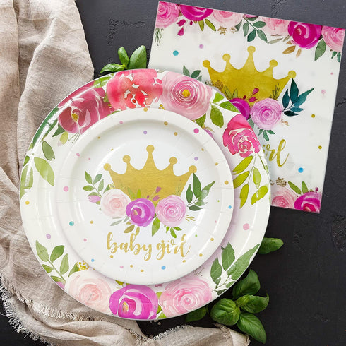 HIPEEWO Baby Shower Decorations for Girls Plates and Napkins Tableware - Plates, Cups, Napkins, Banner, Cultery, Tablecloth, Straws, Topper, for Floral Theme Baby Shower Party Supplies | Serve 16