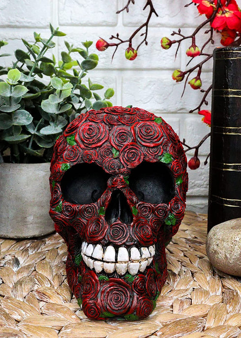 Ebros Valentine's Day of The Dead Red Floral Roses with Green Petals Skull Figurine DOD Rosa Sugar Skulls Statue As Cranium Skeleton Head Halloween Ossuary Macabre Altar Decor Collectible