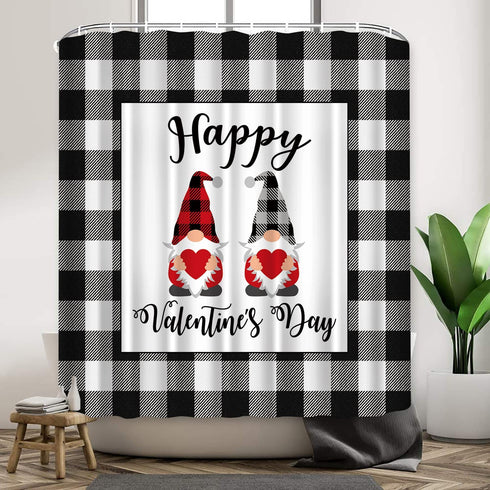 Valentines Day Gnomes Shower Curtain Buffalo Plaid on Black White Grey Farmhouse Check Background Happy Valentines Day Fabric Shower Curtains for Bathroom Waterproof, 72" x 72"