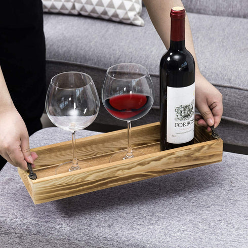 MyGift 16-inch Burnt Wood Serving Tray with Decorative Antique Metal Handles | Farmhouse Decor Rectangular Butler Tray | Coffee Table/Dining Table Centerpiece Candle Holder Tray