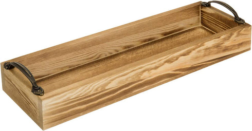 MyGift 16-inch Burnt Wood Serving Tray with Decorative Antique Metal Handles | Farmhouse Decor Rectangular Butler Tray | Coffee Table/Dining Table Centerpiece Candle Holder Tray