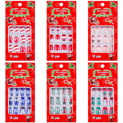 72 Pieces Christmas False Nails Artificial Fake Short Fingernails Santa Claus and Cute Snowman Decoration with 6 Jelly Glue for Nail Design Salon DIY Decoration, 12 Sizes 6 Boxes