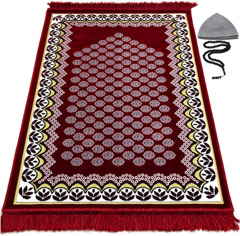 Modefa Prayer Rug Free Prayer Cap & Beads - Thin Velvet Namaz Sajadah Janamaz Floral Daisy Arch (Red)