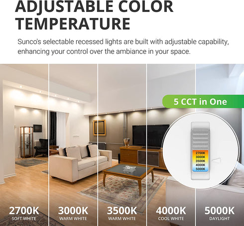 Sunco Lighting 1 Pack 5/6 Inch LED Recessed Downlight, Gimbal, Selectable Light, 5 Colors (2700K/3000K/3500K/4000K/5000K), 12W=60W, Dimmable, Adjustable, Damp Rated, Simple Installation UL