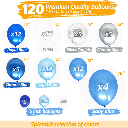 Bloonsy Blue Balloon Garland Kit | Balloon Arch Kit with Blue and White Balloons | 120 Pack | Silver Confetti, Navy Blue, Royal Blue Balloons | Blue & Silver Baby Shower Boy Party Decorations